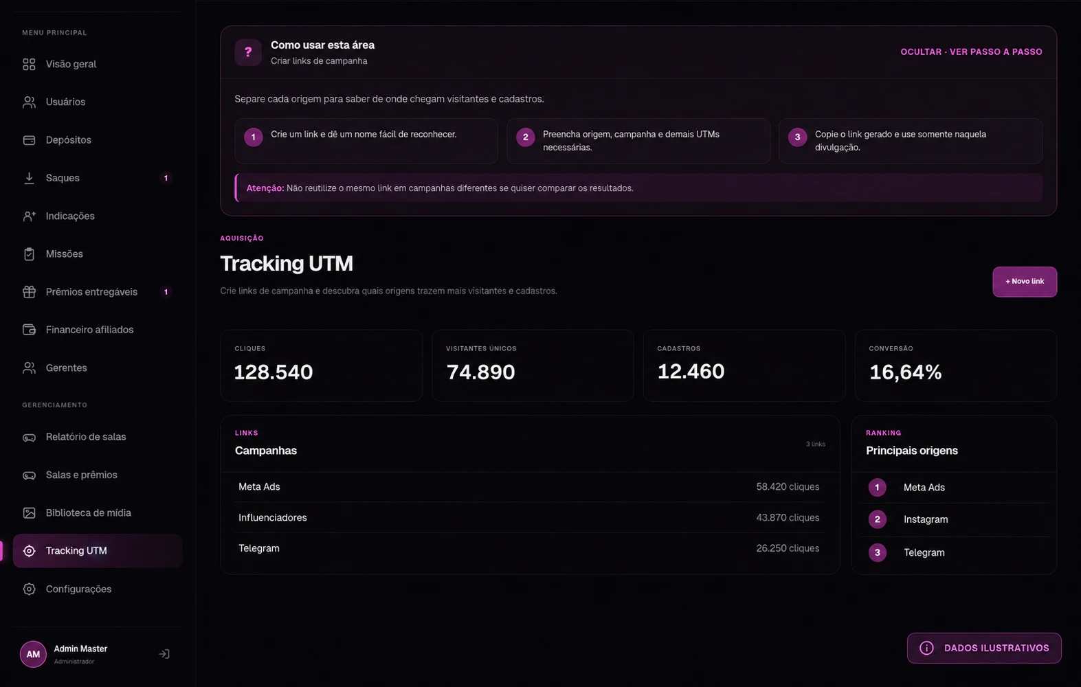 Tracking de campanhas e UTMs com selo Dados Ilustrativos